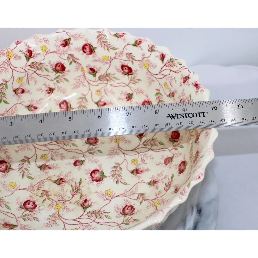 Spode England Rosebud Chintz Footed Punch Bowl Scalloped Floral Vintage 10 inch
